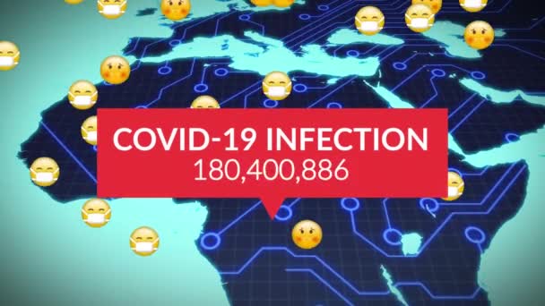 Animation Der Covid Datenverarbeitung Über Mehrere Kranke Emojis Mit Gesichtsmasken — Stockvideo