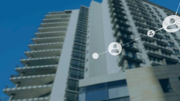 Animazione Della Rete Connessioni Con Icone Moderno Edificio Uffici Business — Video Stock