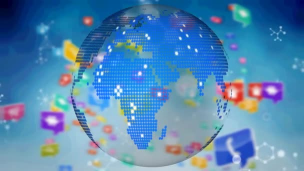 蓝色背景的数字图标在全球各地的动画 全球数字接口 技术和网络概念 — 图库视频影像