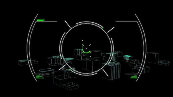 在黑色背景上对三维城市景观设计进行范围扫描的动画 全球数字接口 技术和网络概念 — 图库视频影像