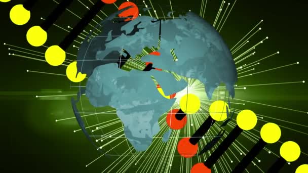 地球上でDna鎖が回転し 緑の光の道を持つ地球のアニメーション 世界的なデジタルインターフェース技術とネットワーキングの概念デジタル生成されたビデオ — ストック動画