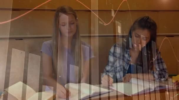 Animação Processamento Dados Digitais Sobre Estudantes Sexo Feminino Que Estudam — Vídeo de Stock
