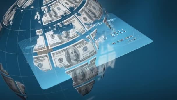 Animation American Dollar Globe Rotating Credit Card Blue Background Global — Stock Video