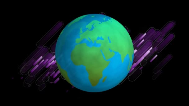 Animation Rayures Violettes Pulsant Tournant Globe Sur Fond Noir Interface — Video