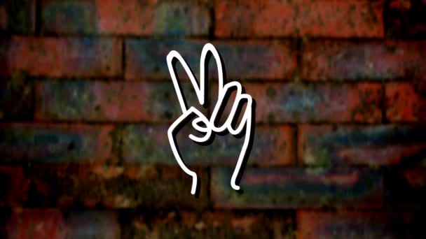 Animation White Neon Peace Sign Hand Brick Wall Social Media — Stock Video