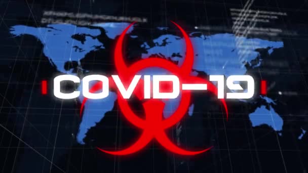 Animering Covid Databehandling Över Symbol För Biologisk Fara Och Världskarta — Stockvideo