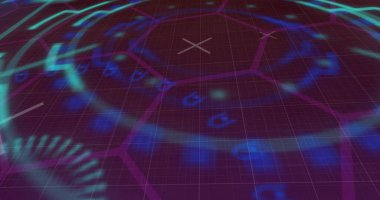 Siyah arkaplandaki pembe altıgenler ağını tarayan bir kamera görüntüsü. dijital arayüz küresel bağlantı ve dijital olarak oluşturulan iletişim konsepti.