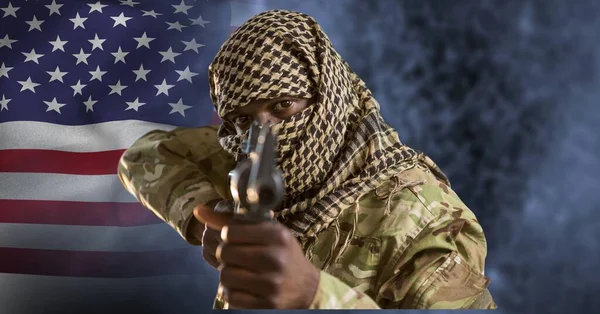 Composition Male Soldier Wearing Keffiyeh Pointing Gun Smoke American Flag — Stock Photo, Image