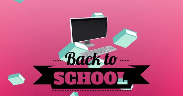 Image Text Back School Falling Books Desktop Computer Pink School — Stock Photo, Image