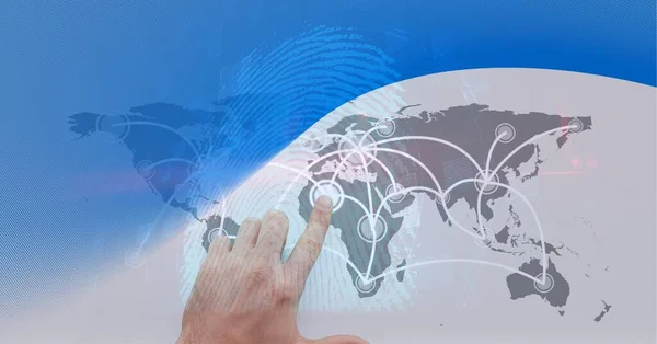 Samenstelling Van Vinger Aanraken Interactieve Wereldkaart Mondiaal Bedrijfs Digitale Interface — Stockfoto