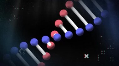 Siyah arka planda işaretlerle dönen DNA ipliklerinin animasyonu. küresel dijital arayüz, teknoloji ve ağ konsepti dijital olarak oluşturulmuş video.