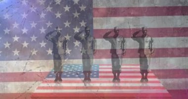 Amerikan bayrağında selamlaşan askerlerin canlandırması. Vatanseverlik, silahlı kuvvetler, bağımsızlık ve dijital olarak üretilen kutlama konsepti.