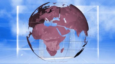 Mavi ekranlar üzerinde bağlantı ağı olan dünyanın animasyonu. küresel dijital arayüz, teknoloji ve ağ konsepti dijital olarak oluşturulmuş video.