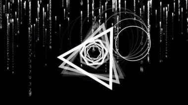 Siyah zemin üzerinde dönen beyaz dairelerin ve üçgenlerin animasyonu. küresel dijital arayüz, teknoloji ve ağ konsepti dijital olarak oluşturulmuş video.