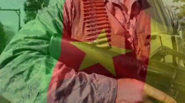 Kamerun bayrağı sallayan askerlerin animasyonu. Vatanseverlik, silahlı kuvvetler ve dijital olarak üretilen koruma konsepti.