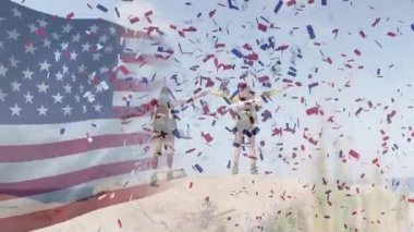 Amerikan bayrağı ve konfetilerinin kollarını genişletmekte olan bir çiftin üzerinden geçişi. Vatanseverlik ve kutlama konsepti dijital olarak oluşturulmuş video.