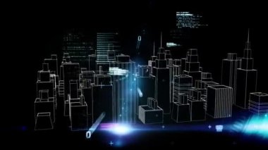 Şehrin 3D 'nin üzerinde veri işleme animasyonunun siyah arka planda çizimi. küresel dijital arayüz, teknoloji ve ağ konsepti dijital olarak oluşturulmuş video.