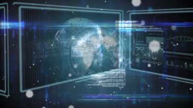 Ekranlardaki veri işleme üzerinden dünya ve bağlantı ağının animasyonu. küresel iş, dijital arayüz, teknoloji ve ağ konsepti dijital olarak oluşturulmuş video.