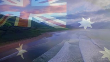 Avustralya bayrağının güneşli sahilde dalgalanması ve dalgaların denizde dalgalanması. Vatanseverlik, tatiller ve kutlama konsepti, dijital olarak üretilen video.