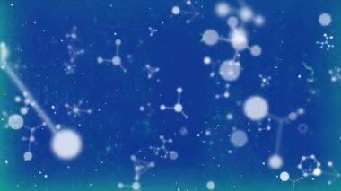 Animation of white molecules floating on blue background. global science, digital interface and technology concept digitally generated video.