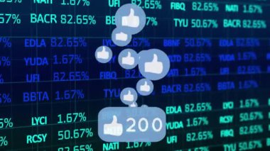 Animation of social media like icons and rising numbers, over financial shares data processing. global finance communication, social media and digital interface concept, digitally generated video.