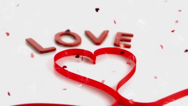 歌词爱情的动画和红带的心形 红心落在白色的背景上 情人节 爱情和浪漫的概念数码生成的视频 — 图库视频影像