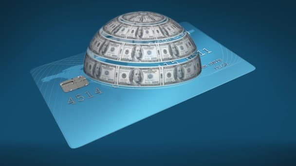 Animace Amerického Dolaru Globus Rotující Nad Kreditní Kartou Modrém Pozadí — Stock video