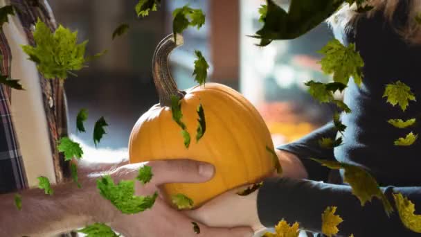 Animatie Van Herfstbladeren Vallen Paar Met Pompoen Halloween Herfst Feest — Stockvideo