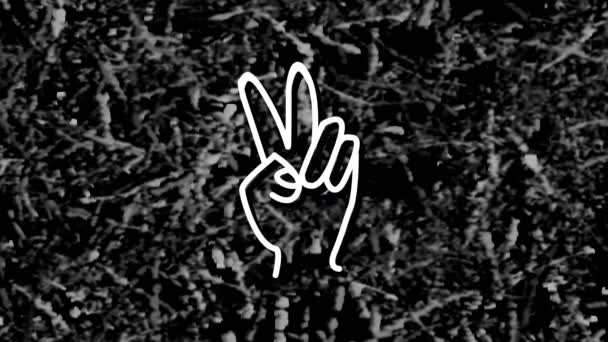 Анимация Белой Неоновой Руки Знак Мира Над Монохромной Травой Социальные — стоковое видео