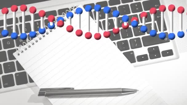 Animering Dna Strängen Snurrar Över Bärbar Dator Anteckningsbok Och Penna — Stockvideo