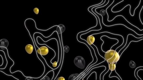 Animatie Van Zwevende Gouden Ballonnen Bewegende Topografische Kaart Zwart Positieve — Stockvideo