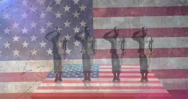 Animacja Żołnierzy Salutujących Nad Amerykańską Flagą Patriotyzm Siły Zbrojne Koncepcja — Wideo stockowe