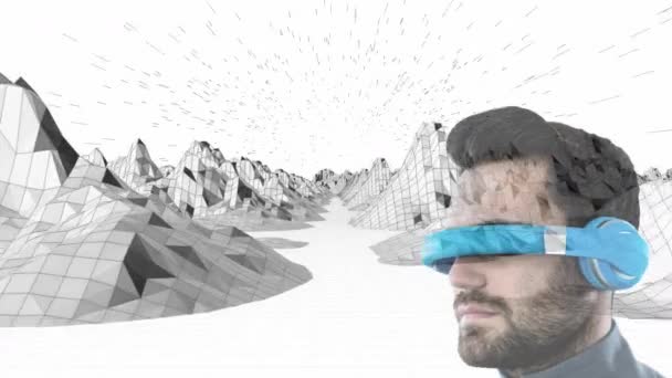 白人男子戴着Vr护目镜对抗3D山结构与白色背景 全球商业和未来技术概念 — 图库视频影像