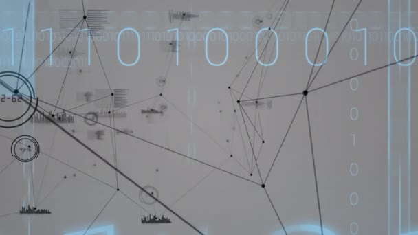 Анімація Мережі Язків Статистикою Над Двійковим Кодуванням Сірому Фоні Глобальний — стокове відео