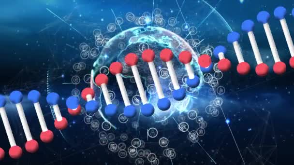 Animation Von Dna Strang Globus Und Symbolen Mit Netzwerk Von — Stockvideo