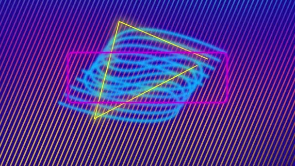 Анимация Нескольких Абстрактных Неоновых Фигур Движущихся Гипнотическим Движением Полосатом Фоне — стоковое видео