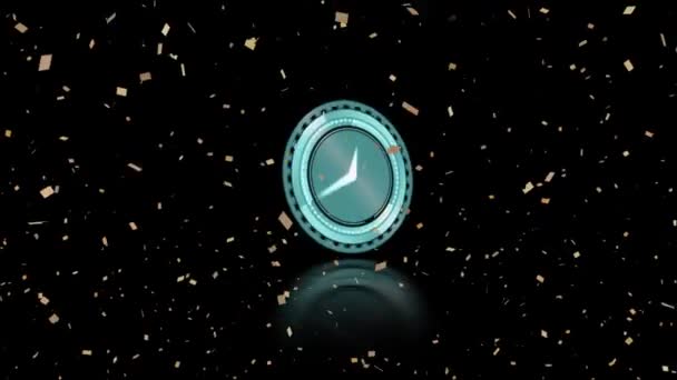 Animación Manecillas Móviles Reloj Con Globos Negros Flotantes Confeti Cayendo — Vídeo de stock