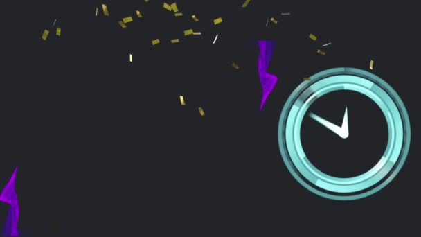 紫色の光の道と黒い背景の時計の上に落ちるコンフェッティのアニメーション お祝いやパーティーのコンセプトをデジタルで — ストック動画