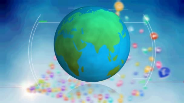 Animation Des Globus Mit Symbolen Und Netzwerk Von Verbindungen Globales — Stockvideo