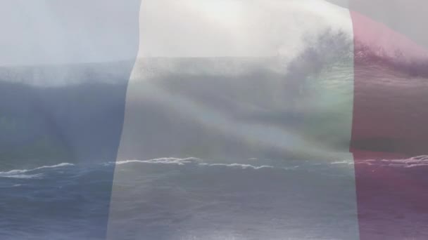 Animación Bandera Francesa Ondeando Sobre Soleada Playa Patriotismo Verano Vacaciones — Vídeos de Stock