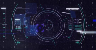 Mor arkaplandaki tarama ve veri işleme görüntüsü. dijital arayüz küresel bağlantı ve dijital olarak oluşturulan iletişim konsepti.