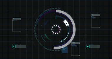 Siyah arkaplanda tarama ve veri işleme şebekesinin resmi. dijital arayüz küresel bağlantı ve dijital olarak oluşturulan iletişim konsepti.