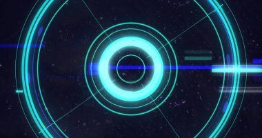 Yanıp sönen mavi dürbün görüntüsü ve mor arkaplanda çizgiler. dijital arayüz küresel bağlantı ve dijital olarak oluşturulan iletişim konsepti.