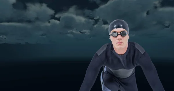 在黑色背景下跳入水中的男性游泳运动员的组成 体育和竞争概念数字生成的图像 — 图库照片