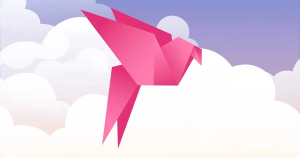 在蓝色背景的云彩下飞行的粉红鸟的组成 自由和自然概念数字生成的图像 — 图库照片