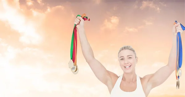 Composition Female Athlete Holding Medals Copy Space Global Sports Competition — Stock Photo, Image