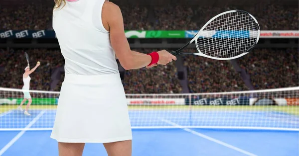 Composición Dos Jugadoras Tenis Jugando Cancha Tenis Concepto Deporte Competición — Foto de Stock