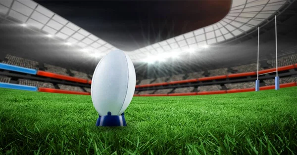 Composición Pelota Rugby Acostada Estadio Con Luces Concepto Deporte Competición — Foto de Stock