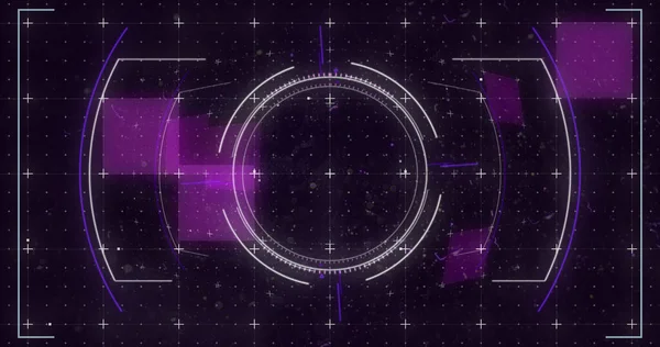 Изображение Светящихся Фиолетовых Квадратов Сканирования Области Видимости Маркерами Фоне Сетки — стоковое фото