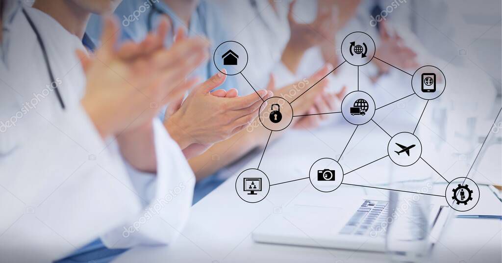 Composition of network of digital icons over doctors clapping. global medicine, digital interface, technology and networking concept digitally generated image.